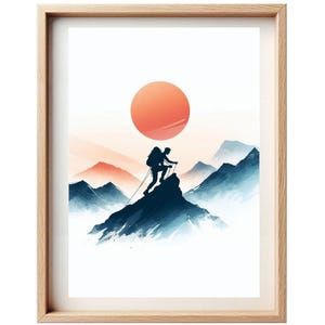 Pôster esportivo minimalista em aquarela - Alpinista escalando um cume - Decoração de presente de montanha Minimalismo Escalada Caminhadas