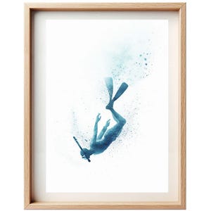 Affiche Minimaliste Aquarelle - Plongeur en Apnée Descendant Sous l’Eau - Affiche Minimaliste Sport Cadeau Plongeur Original