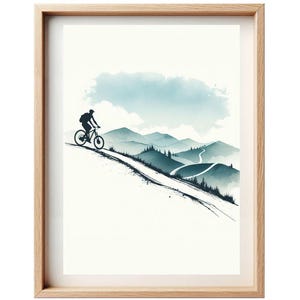 Affiche Minimaliste Aquarelle Cycliste VTT en Montagne – Décoration Murale Sport Nature - Cadeau original sport minimaliste