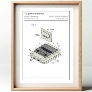 Könnte beinhalten: Ein gerahmter Druck mit einer technischen Illustration einer TV-Spielmaschine, mit dem Text "TV game machine" oben. Der Druck enthält Diagramme und Beschriftungen und ist in einem hellen Holzrahmen gefasst.