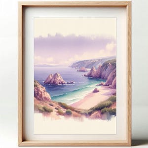 Póster de playa y acantilados de acuarela | Arte de pared junto al mar | Decoración de la naturaleza en colores pastel | Regalo de viaje con paisaje marino en acuarela.