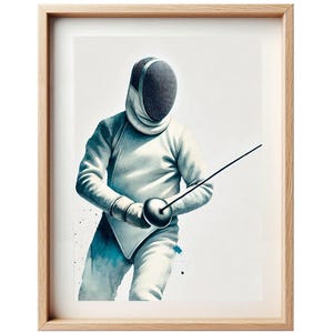 Peut inclure: Une peinture à l'aquarelle d'un escrimeur portant un costume d'escrime blanc et un masque noir, tenant une épée d'escrime. L'arrière-plan est une aquarelle bleu clair.
