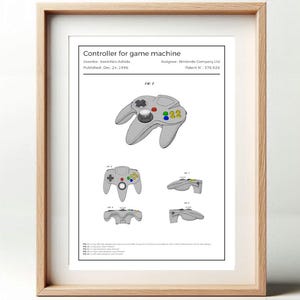 Peut inclure: Un dessin au trait noir et blanc d'un brevet de manette de jeu vidéo. Le brevet est pour un "Contrôleur pour machine de jeu" et a été publié le 24 décembre 1996. Le numéro de brevet est 5,768,226.