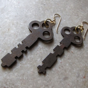 Vintage Rusty Iron Lock Box Keys on Gold Filled Wires Earrings