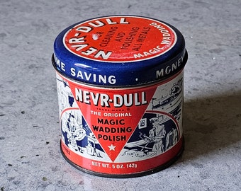 Vintage Nver Dull Magic Wadding Polish Tin, 4/5 Full, New York, 1941, 3 1/2" High, Round Tin, Advertising