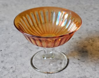 Vintage Iridescent Marigold Carnival Glass Pedestal Sorbet Ice Cream Dish 3.5"