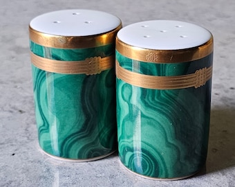 Vintage Christian Dior Fine China Gaudron Malachite Green and 24k Gold Salt and Pepper Shakers, Discontinued, 1990s, Christmas China