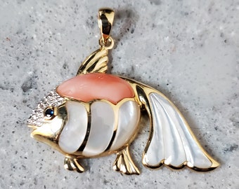 Vintage 14K Gold Koi Karp Pendant with Inset Mother of Pearl, Coral, Pave Diamonds, Sapphire eye