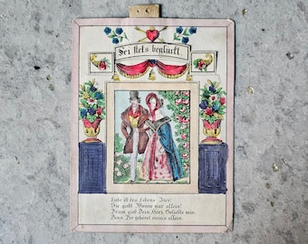 Rare Antique Valentine Card with Pull Mechanism, Always Be Happy, Hand Colored Wood Engraving, German 1840s