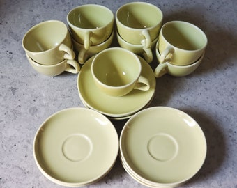 Vintage Russel Wright China By Iroquois 10 Cups and 9 Saucers, Chartreuse Foamy & Solid Glaze, Midcentury Tableware