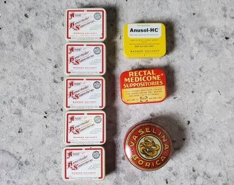 Vintage Physicians Sample Suppository Tins, Anusol, Medicone & Vaselina Borica Pull Apart Tins 1920s to 1950s