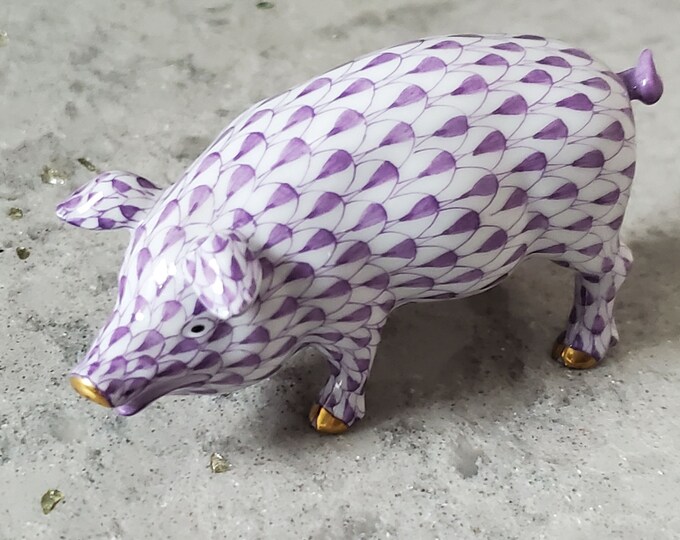 Rare Vintage Herend Porcelain Purple Pig Figurine 24K Gold
