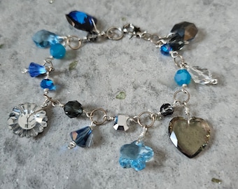 Vintage Silver Bracelet with Crystals in Shades of Blue and Gray, 7.5 Inches, Blue Heart is Chipped