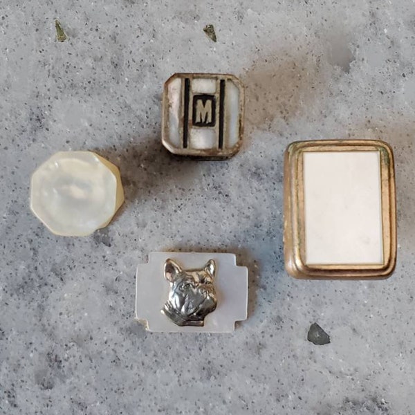 Lot of 4 Vintage Mother of Pearl Cufflinks and Bulldog on Mother of Pearl Cameo, Kum-A-Part Cufflinks, Fixed Arm Cufflink