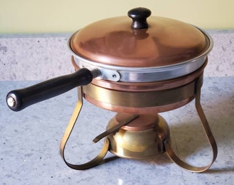 Mid century Modern Copper & Brass Chafing Dish, Warming Dish, Double Boiler, Fondue Pot, Vintage