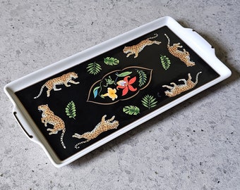 Vintage Lynn Chase 1996 JAGUAR JUNGLE Rectangular Serving Platter Tray Dishor Trinket Tray, 24K Gold, 1996