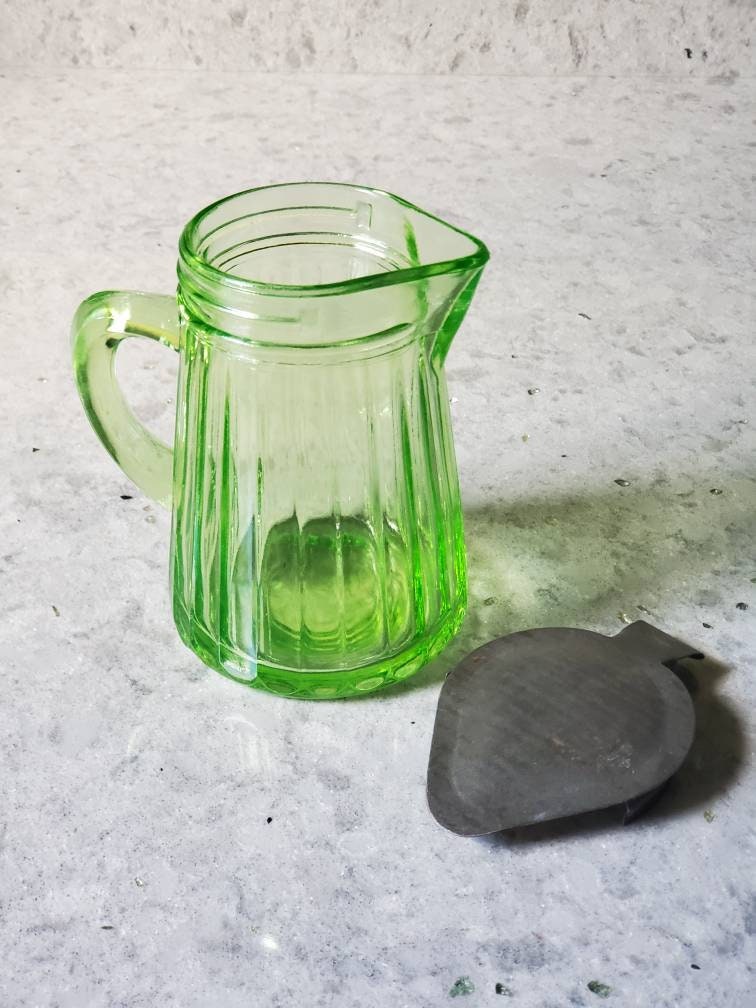 Vintage Small Uranium Green Depression Glass Maple Syrup Pitcher With Metal  Spring Lid, Fluted Pattern 