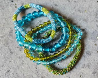 Vintage Set of 5 Chartreuse Green and Aqua Blue Stretch Bracelets, 7.25" and 8" Mixed Beads, Small