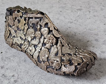 Vintage Shoe Form Covered in Silver Alloy Mexican Milagros 7" From Little Rickies NYC 1990s, Folk Art Religious Charms