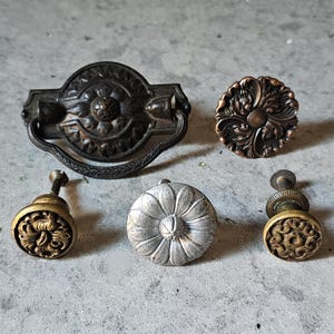 Vintage Knobs and Draw Pull, Set of 5, Various Styles, MidCentury or Earlier