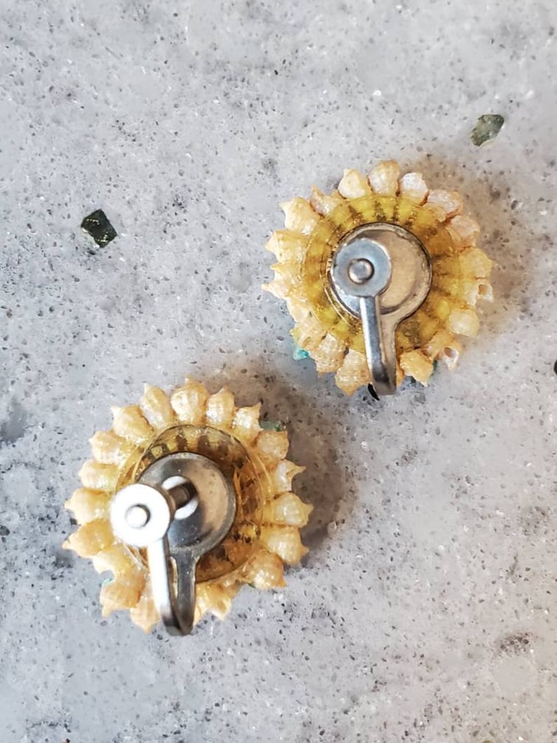 Vintage Pale Blue Shell Floral Screw Back Earrings