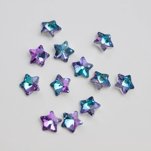 12 Iridescent Lilac/Aqua Stars 14mm Crystal Jewelry 1 Hole Connectors