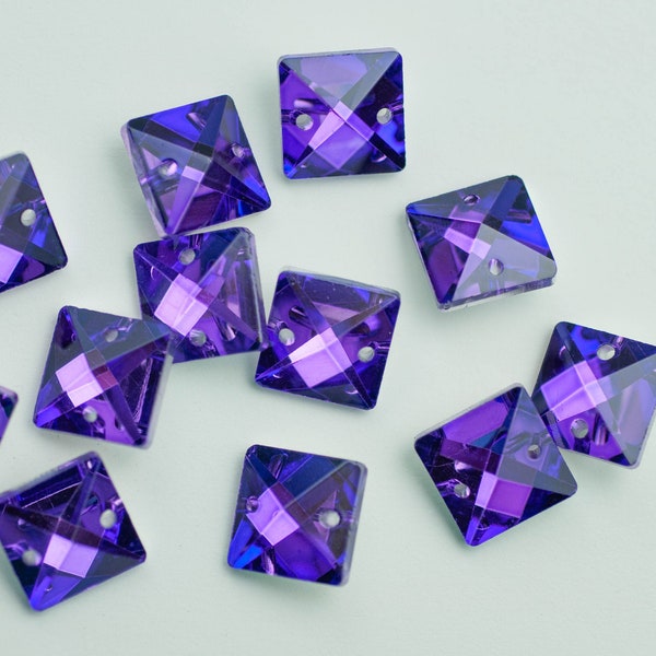 12 Dark Purple Square Silver Backed - 14mm 2-Hole Chandelier Crystals Connectors