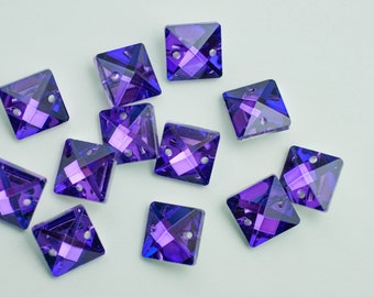 12 Dark Purple Square Silver Backed - 14mm 2-Hole Chandelier Crystals Connectors