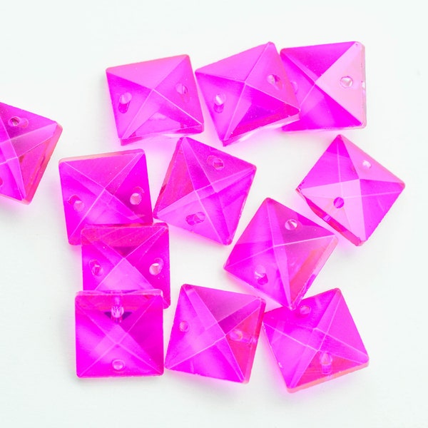 12 Hot Pink Square - 14mm 2-Hole Chandelier Crystals Connectors