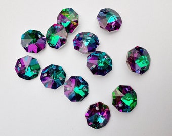 12 Magenta/Green Silver Backed - 14mm 2-Hole Chandelier Crystals Connectors