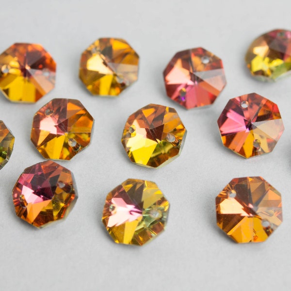 14mm - Set of 12 Orange Iridescent Silver Backed Octagons -  2-Hole Chandelier Crystals Connectors