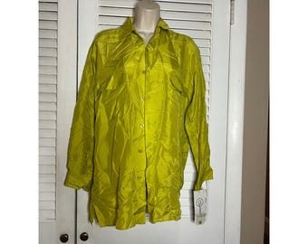 Cedars Chartreuse Green 100% Silk Button Down Long Sleeve Shirt Small