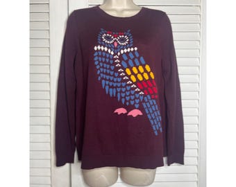 LOFT Owl Graphic Sweater Crew Neck Pullover Colorful Bird Design M wool blend