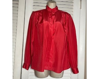 Vintage Anne Klein  Red Satin Blouse Long Sleeve Button Up Mock Neck Top 8