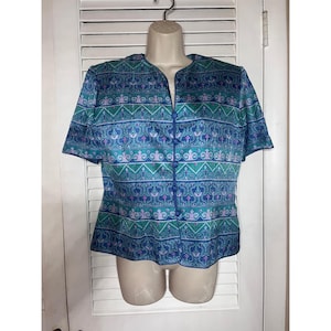 Vintage 90s Adrianna Papell Silk Blouse Paisley Print Button Front Top Size 10 image 1