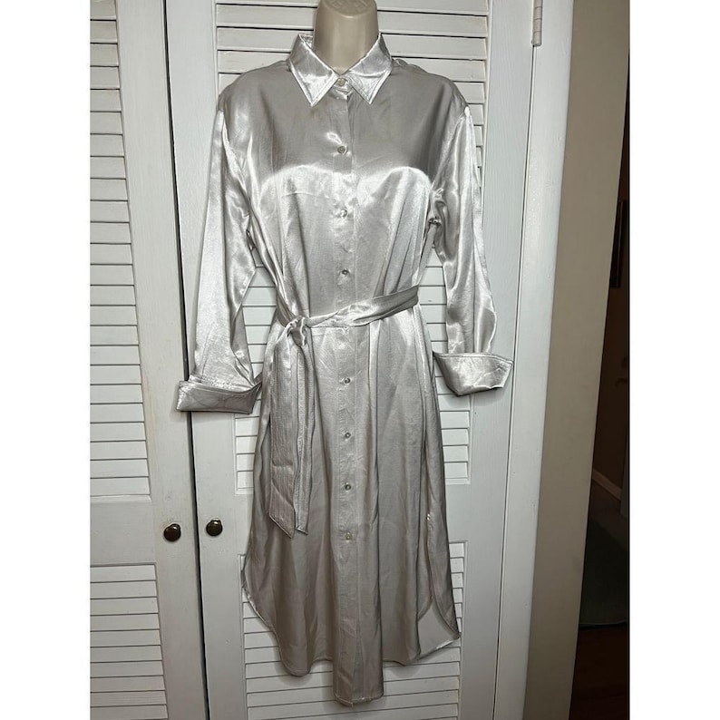 Vintage Little Lies Anthropologie silver belted maxi shirt dress M cuffed sleeve image 1