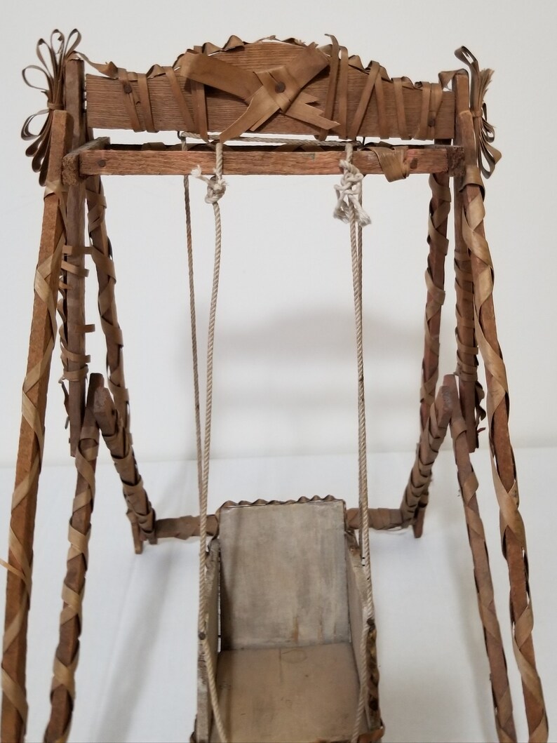 Rare Htf Antique Wood Splint Doll Swing Native American Indian Micmac Rustic