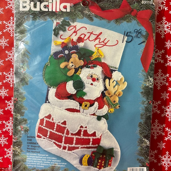 Vintage 1994 Bucilla “Down the Chimney” Santa 18” Felt Christmas Stocking Kit #83115 New