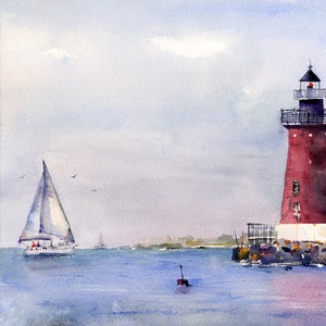 Phare de Lewes - aquarelle - oeuvre d'art murale nautique - plages du Delaware - aquarelles Clem DaVinci