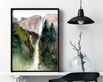 Yosemite Falls Watercolor, Waterfall, Ribbon Falls, Loose Watercolor, Landscape painting, Wall Art, Art Prints, California Art -Clem DaVinci