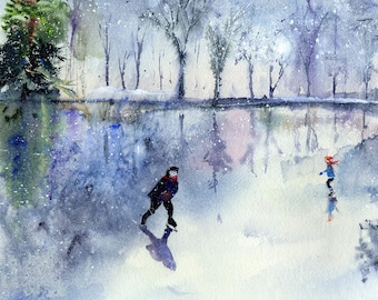 冬のスケート：クリスマスアート、雪景色の絵画、冬の風景、アイス