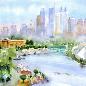 Philadelphia Skyline with Waterworks Philly Skyline Watercolor of Philadelphia Abstract Painting of Schuylkill River Philly Art Museum Print