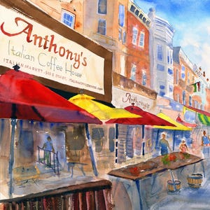 May include: A watercolor painting of a street scene with a cafe called "Anthony's Italian Coffee House". The cafe has red and yellow umbrellas outside and there are people walking by.