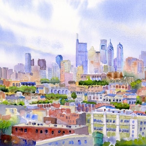 May include: Watercolor painting of a cityscape with a variety of buildings in shades of blue, orange, and brown. The sky is a light blue with white clouds. The painting captures the essence of an urban landscape.