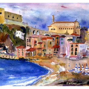 CALABRIA Scilla Beach Watercolor, Italy Cliff Houses, Italian Beaches, Calabrian watercolor Landscape Castello Ruffo, South Italy Home Decor