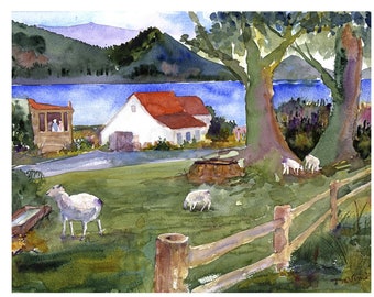 Queenstown New Zealand Watercolor -  Sheep farm watercolor abstract - Lake Wakatipu watercolor abstract - New Zealand Art - Clem DaVinci