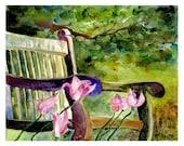 Wildflowers Watercolor - Flowers in Bloom watercolor painting - Pink watercolor flowers with bench - housewarming gift -