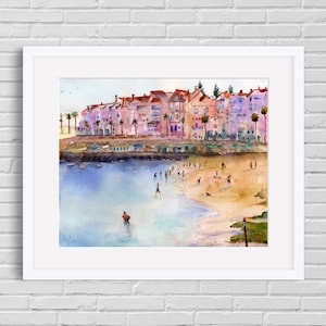 Portugal Wall Art Painting, Cascais Portugal Watercolor Landscape, Abstract Colorful Beach Watercolor, Gifts for mom 8x10 inches