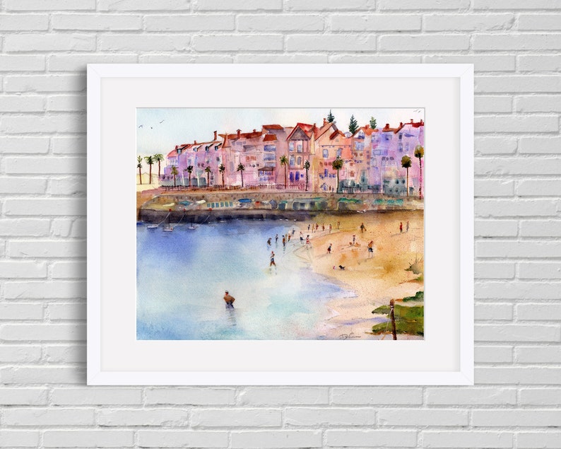 Portugal Wall Art Painting, Cascais Portugal Watercolor Landscape, Abstract Colorful Beach Watercolor, Gifts for mom 8x10 inches