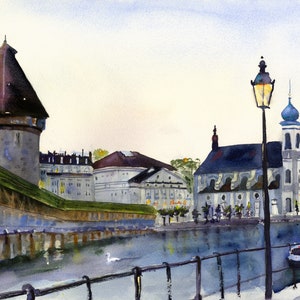Lucerne Switzerland Watercolor Print, Chapel Bridge, Swiss Home Decor